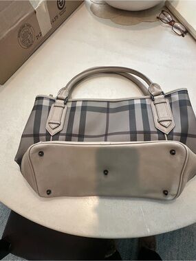 Burberry Beige and Gray Plaid Top-Handle Tote